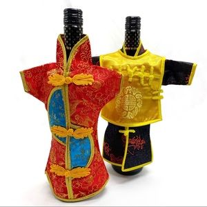Chinese Brocade Dress Wine Bottle Covers Cheongsam Set of 2 NEW